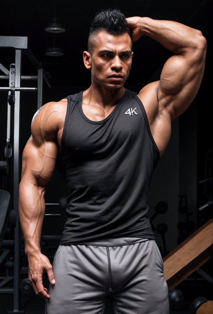 omem bodybuilder style, photo realist, 4K quality, 肌肉男, defined muscles, gym background, skin fair, expression of strength, workout clothes, sweat, black tee, looking forward, mohawk hair, tattoo on arm
