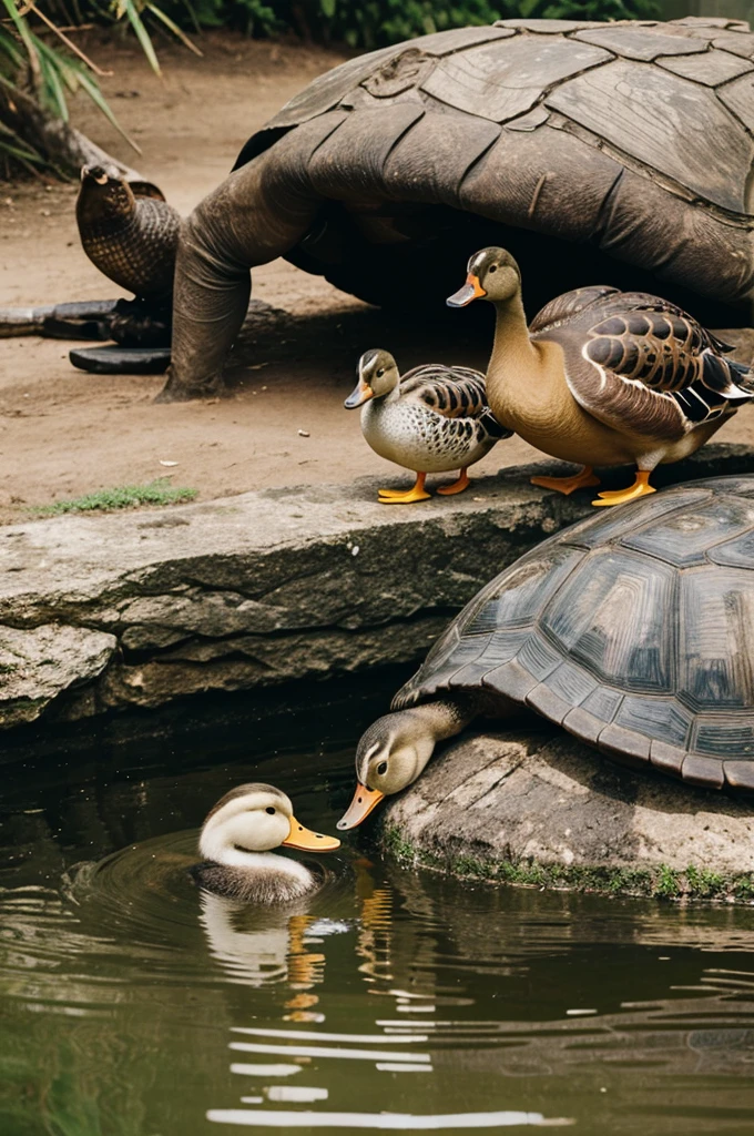 Two duck taking to a tortoise