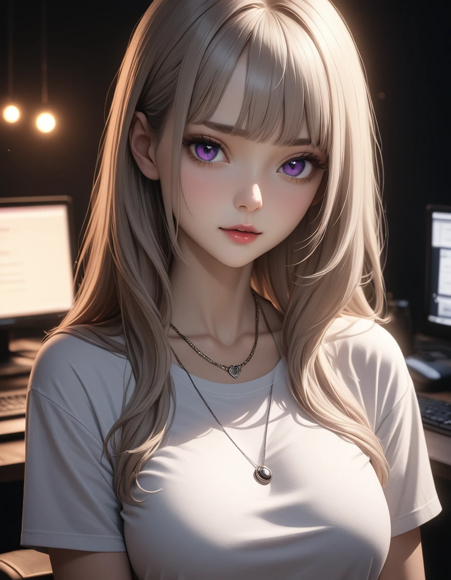 best quality, masterpiece, high resolution, A girl, platinum hair, purple eyes, T-shirt black, necklace, jewelry, Pretty Face, Perfect breasts, more than_Body, Tyndall effect, lifelike, Dark Studio, Side lighting, Two-color lighting, (HD Skin:1.2), 8k , Soft Light, high quality, Volumetric Lighting, frank, high resolution, 8k, Bokeh,hort depth of field, hacker female, computer