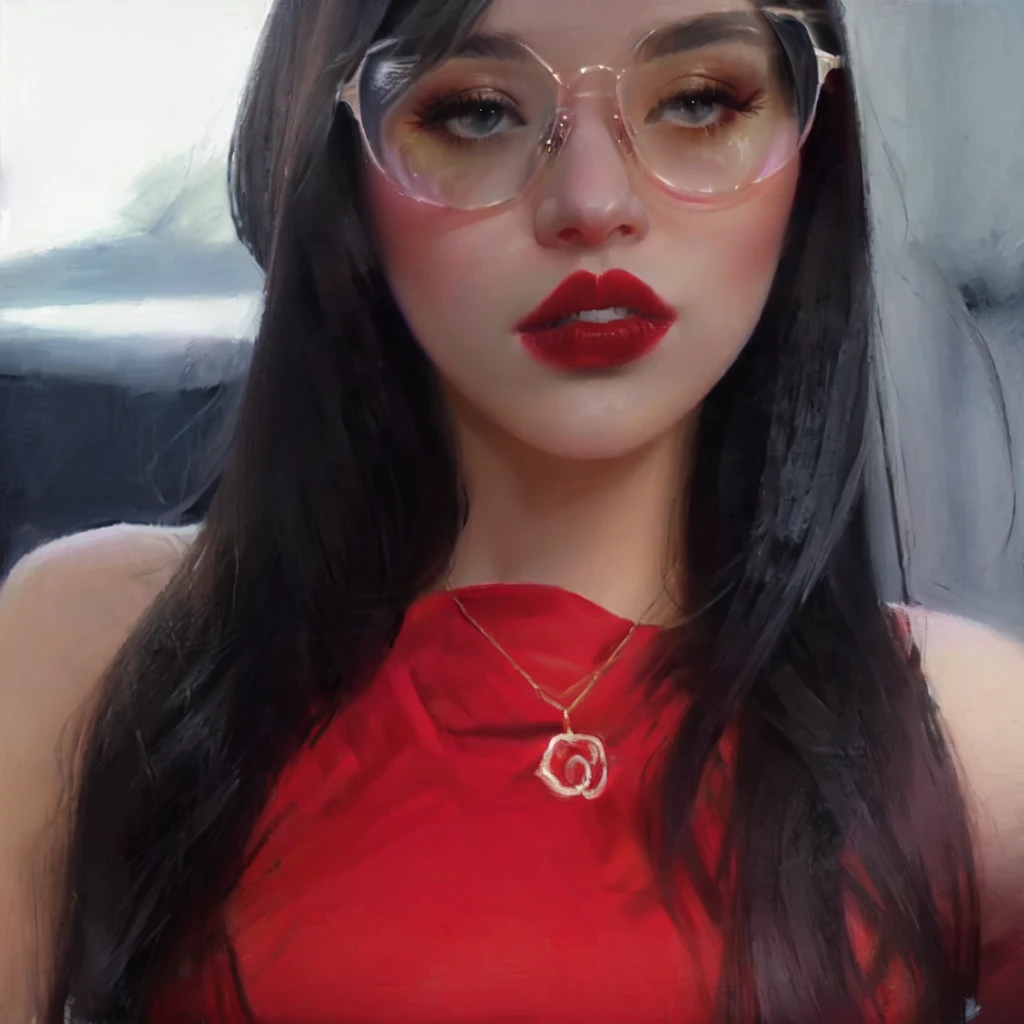 a close up of a woman with glasses and a red dress, thick red lips, sexy red lips, small and thick red lips, big red lips, red lips, thick lips, 18 years old, luscious red lips, 2 2 years old, violet myers, with glasses, both have red lips, profile image, 21 years old, 2 3 years old, oil painting.