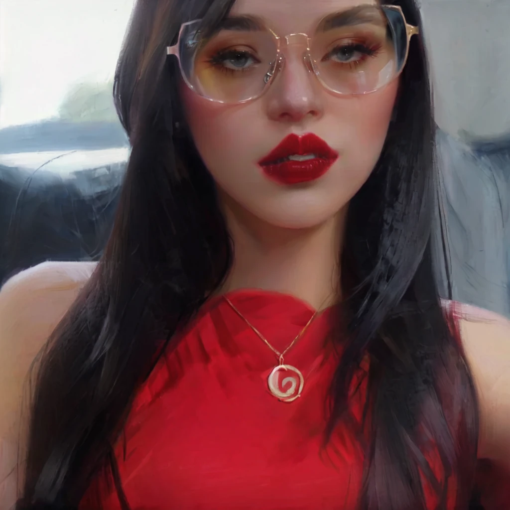 a close up of a woman with glasses and a red dress, thick red lips, sexy red lips, small and thick red lips, big red lips, red lips, thick lips, 18 years old, luscious red lips, 2 2 years old, violet myers, with glasses, both have red lips, profile image, 21 years old, 2 3 years old, oil painting. 