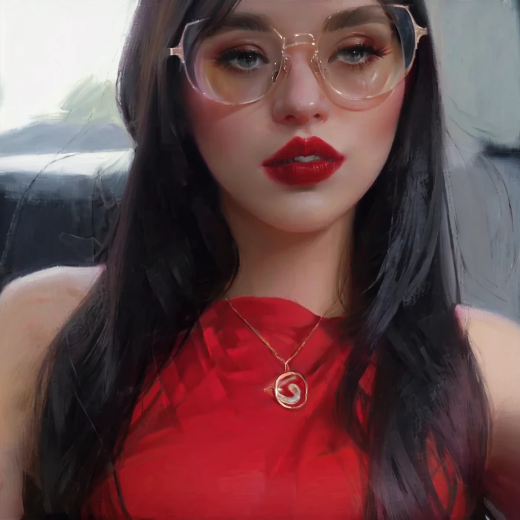 a close up of a woman with glasses and a red dress, thick red lips, sexy red lips, small and thick red lips, big red lips, red lips, thick lips, 18 years old, luscious red lips, 2 , violet myers, with glasses, both have red lips, profile image, 21 years old, 2 3 years olding.