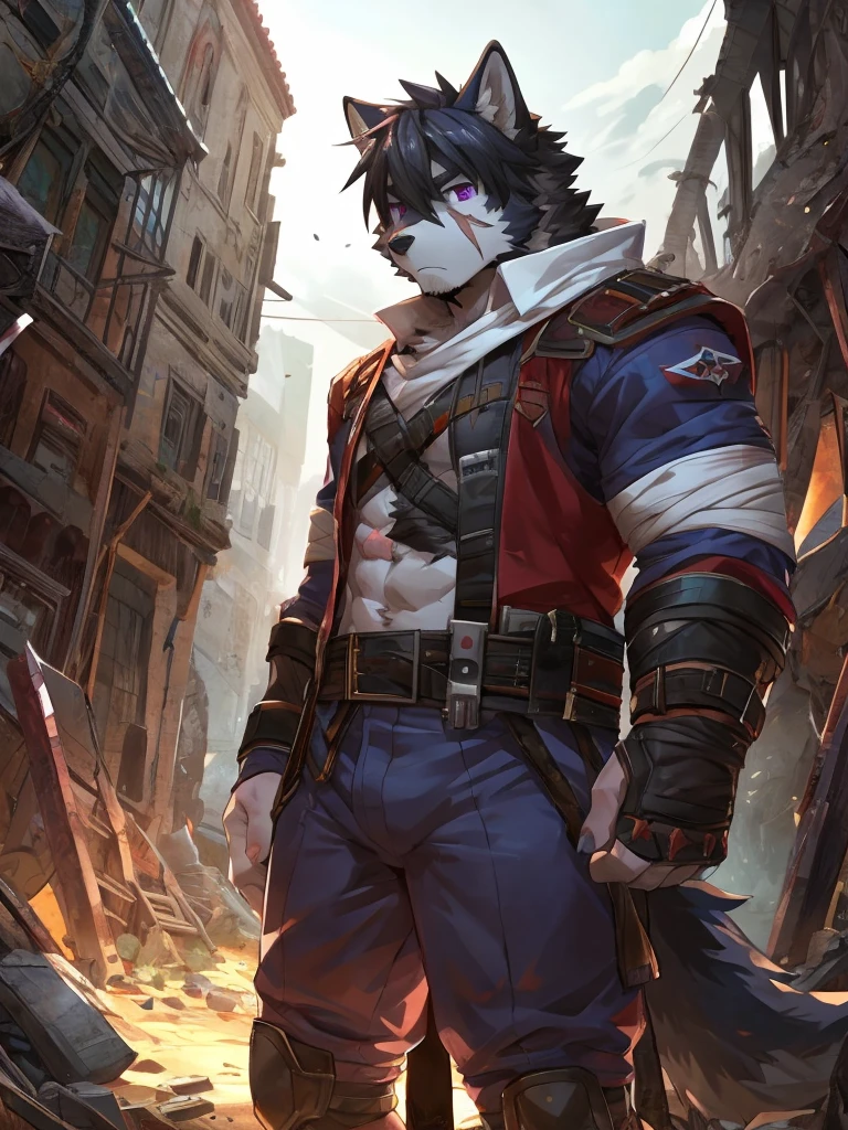 embedding:black wolf, male,purple eyes,Scar on the face, scar on the body,Single person,The end of the world,sit in the ruins,His leg was bandaged,A shabby uniform,Modern cities,A heavy expression,Serious expression, a little sad.Fleshy thighs,Thigh straps,With an iron bar in his hand,The highest quality of scene detail,adult,Tall and powerful,muscle,Best quality hands, best quality eye,detailed fur,Delicate eyes.Extreme picture quality,by sollyz,by zixiong,by milkytiger1145