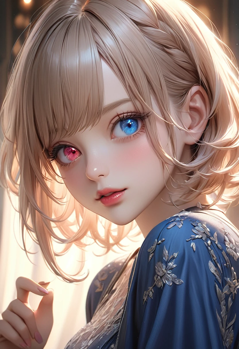Devilishly cute charming girl, ((((Heterochromia - red and blue eye color))))、Through the bangs, Beautiful attention to detail, Beautiful lip detail, Highly detailed face, Devilish gesture, Attractive eyes, Long eyelashes, One girl, Digital Art, pastel colour, Soft lighting, Cinematic, romantic, ether, elegant, stylish, fashionable, Mischievous:1.2, (Highest quality,16K,High resolution,masterpiece:1.2),Super detailed,(Ultra-realistic,Realistic,Photorealistic:1.37)