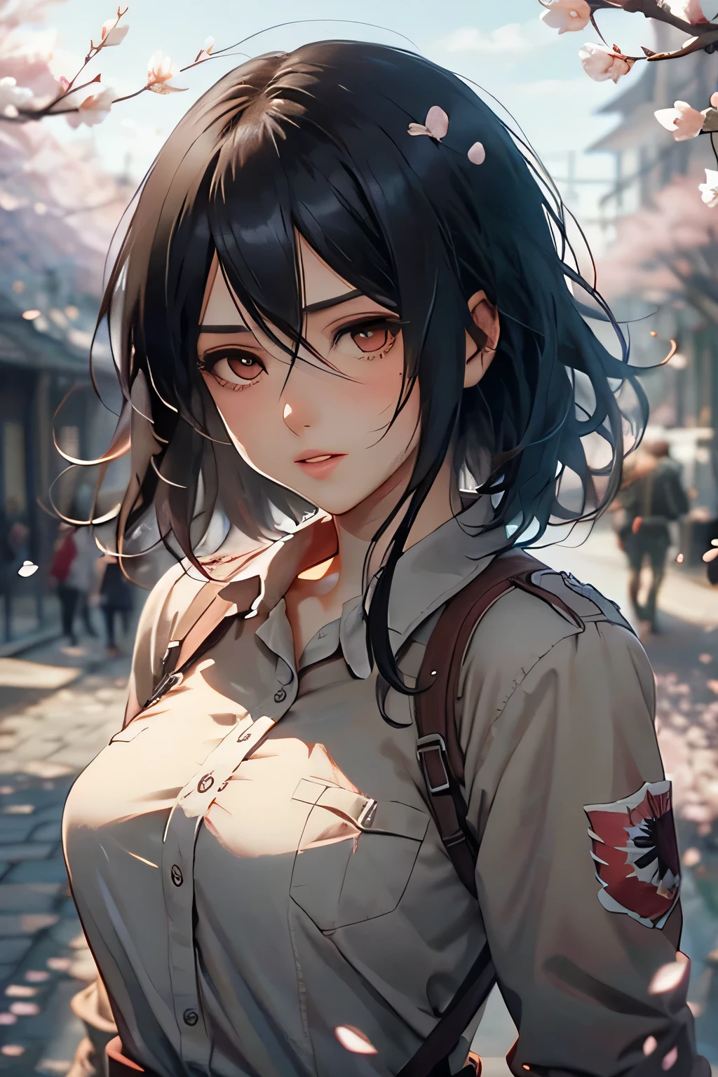 Masterpiece, absurderes, Mikasa (Attack on Titan), 1girl, Solo, Refined lady, Off-the-shoulder linen shirt, When looking at the camera, (Falling cherry blossoms), Perfectcomposition, Detailed lips, ample bosom, Attractive visage, body proportion, Blush, (Rose lips), Long black hair, Gray eyes, Soft gaze, Super realistic, Detailed, photoshoot, Realistic faces and bodies