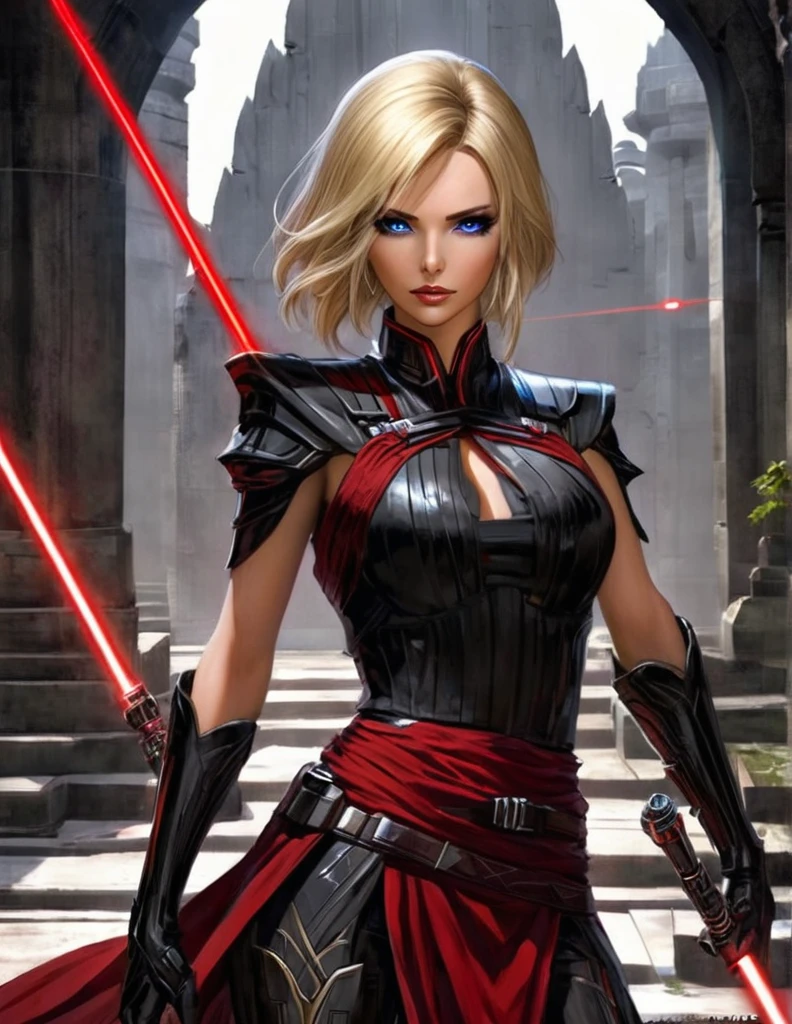 Une femme aux cheveux longs blonde, seule,  apparence sensuelle, seigneur sith, inspiré de star Wars old republic, en armure moulante noir, marche dans des ruines d'un temple sith de koriban sombre, sabre laser rouge en main, a un regard fort, des yeux doré, un visage doux  et autoritaire , démarche gracieuse, courbes parfaite pour le corps en sablier, hanche ronde en forme de coeur.