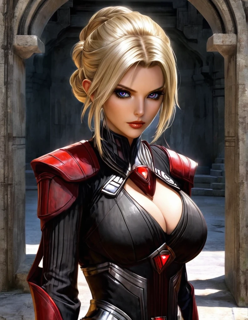 Une femme aux cheveux longs blonde, seule,  apparence sensuelle, seigneur sith, inspiré de star Wars old republic, en armure moulante noir, marche dans des ruines d'un temple sith de koriban sombre, sabre laser rouge en main, a un regard fort, des yeux doré, un visage doux  et autoritaire , démarche gracieuse, courbes parfaite pour le corps en sablier, hanche ronde en forme de coeur.