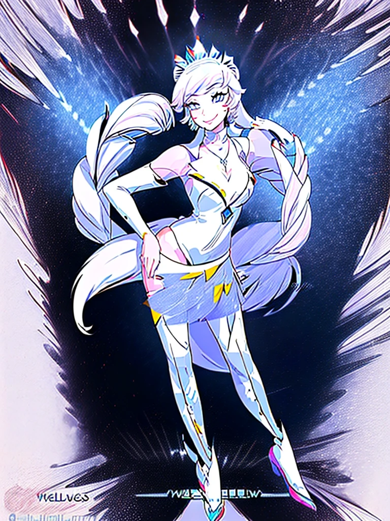 great quality ++ Extremely detailed high resolutionolution, very aesthetic, expressive eyes, (((Perfect face))), (((face symmetrical))), ((good anatomy)), (((perfect hands))), (((8k))), UHD, hd wallpaper, (((detailed high cal, (((((1girl)))))), only, Masterpiece, The best quality, high resolution, Highly detailed, (illustration), Beautiful detailed eyes, ((((full body))), (((solo))), (((((Weiss Schnee))))), (((cosplay of Koyanskaya Assassin (1st Ascension)))), (((smiling))), (((fusion))), (((agglutination))), (((Combination))), (((((White hair))))), (((blue eyes))), (((ponytail))), (((white dress))), (((jewelry))), (((necklace))), (((earrings))), only, jaeces, earrings, long hair, parody, (((scar))), (((scar ocular))), (((hair ornament))), (((office background))), (((hand on hip))), (((strolling))), Side ponytail, scar en la cara, Upper part of the body, (((fox tail))), (((fox ears))), (((tiara))), (((jewelry))), (((earrings))), (((neckline trimming))),