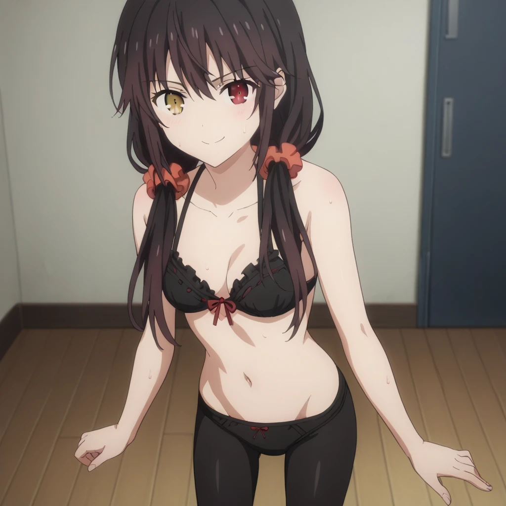 score_9, score_8_up, score_7_up, source_anime,
kurumitokisaki, kurumi tokisaki, black hair, golden right eye(clock eye), heterochromia and red eyes, long hair, (bunches)
bare shoulder, ribbon, Black bra, bikini, briefs, black bikini, twintails, low twintails, black silk leggings
indoors, outdoor, smile,
looking at viewer, solo, standing on the floor, sweat