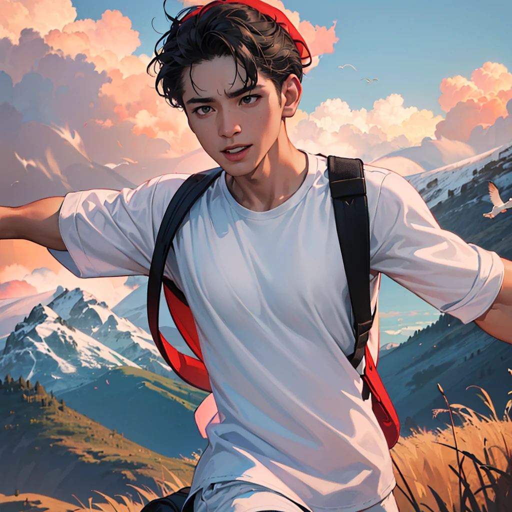 a small  running excitedly, wearing white t-shirt, carrying backpack, red hat, beautiful mountains, clear sky, flying birds, Si Bolong film title, (best quality,4k,8k,highres,masterpiece:1.2),ultra-detailed,(realistic,photorealistic,photo-realistic:1.37),vibrant colors,dramatic lighting,warm tones,cinematic composition