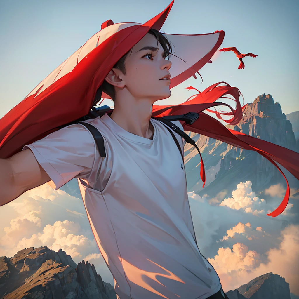 a small  running excitedly, wearing white t-shirt, carrying backpack, red hat, beautiful mountains, clear sky, flying birds, Si Bolong film title, (best quality,4k,8k,highres,masterpiece:1.2),ultra-detailed,(realistic,photorealistic,photo-realistic:1.37),vibrant colors,dramatic lighting,warm tones,cinematic composition