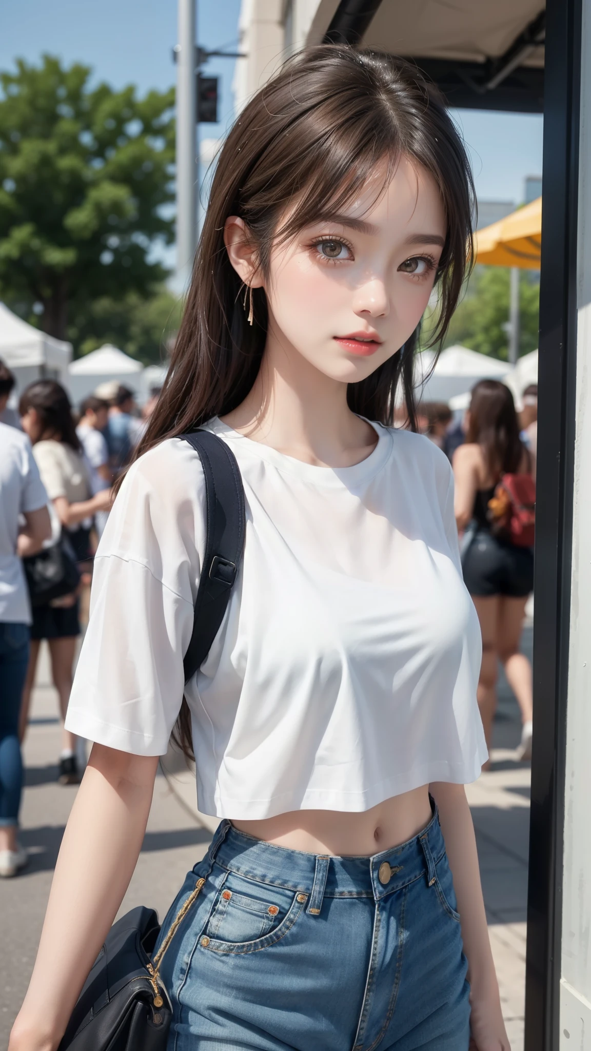 T-shirts,jeans,outdoors,Urban Park,On the lawn,Close up face,One woman,masutepiece, The highest image quality, High quality, the background is clear,Beautiful woman, Japanese,Ultra-detailed, finely detail, hight resolution, 8K Wallpaper, Perfect dynamic composition, Beautiful detailed eyes , Detailed, Detailed eyes, Detailed skin, Beautiful skin, 超hight resolution, (reality: 1.4),Very beautiful woman, Slightly younger face, Beautiful skin, slender, (Ultra photo realsisim), (hight resolution), (8K), (Very detailed) (beautifully detailed eyes), (super detailed), (Detailed face), view the viewer, Fine details, Detailed face, Staring straight ahead, Staring straight ahead, photos realistic, Bright lighting, Professional Lighting, Black hair,poneyTail,a baby face,fourteen years old,Hairstyle: ponytail,Long ponytail hairstyle,slight smile,neat and tidy clothing,Beautiful Japanese KPOP idol photo, hair style is ponytail, my eyes are double and wide, baby face, smile and look straight ahead, slender, small breasts,Close up face,
