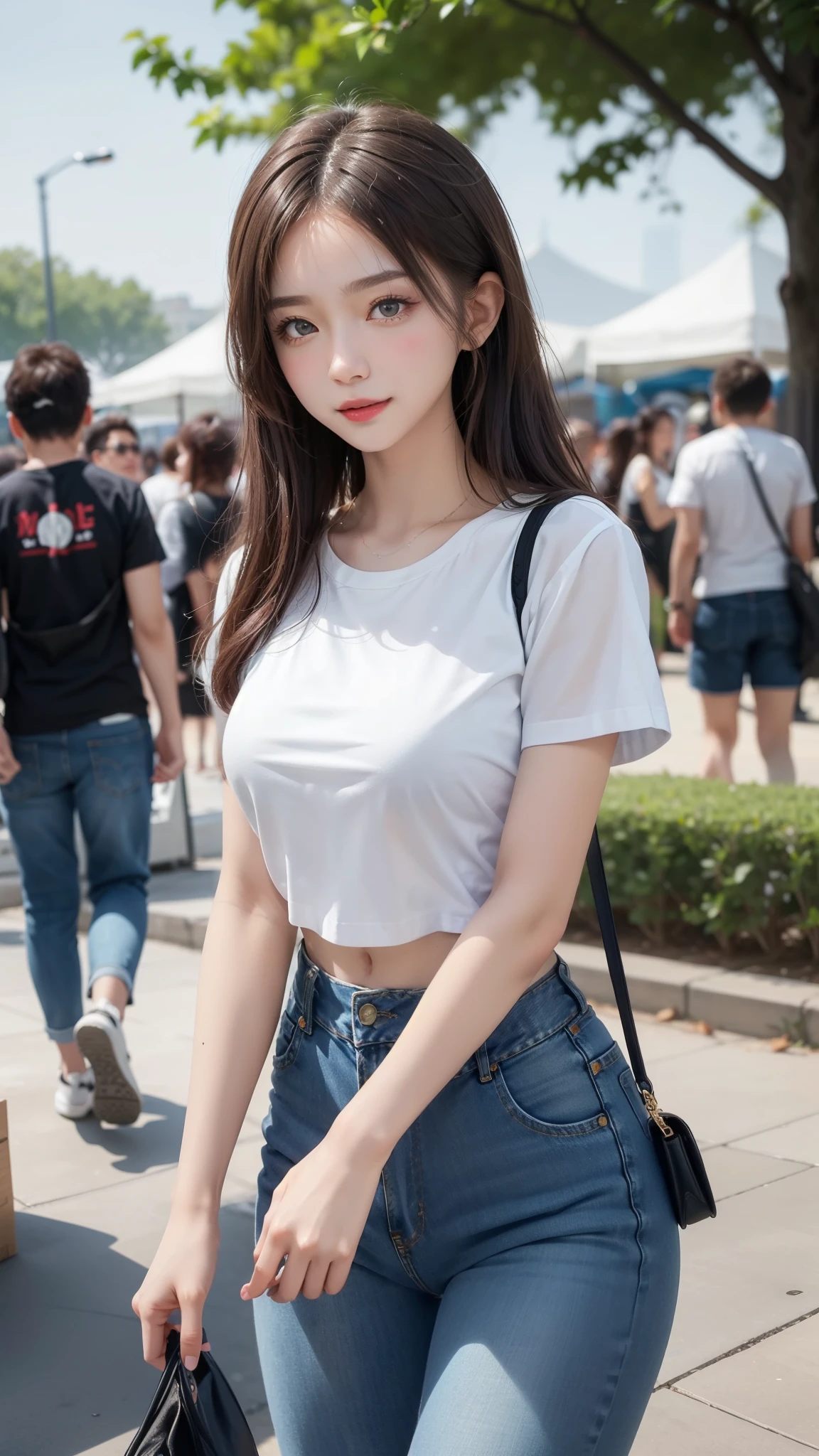 A classic white tee and distressed jeans look.、A single woman who exudes confidence and effortless style(1 Female)A masterpiece that captures the essence of(quality:1.2)。Her minimalist makeup style highlights her natural beauty..、Her messy hairstyle lends a casual charm。The scene was、Located in the vibrant surroundings of music festivals and the trendy downtown district。photograph、In its highest quality resolution、beautiful, Modern and easygoing encapsulation