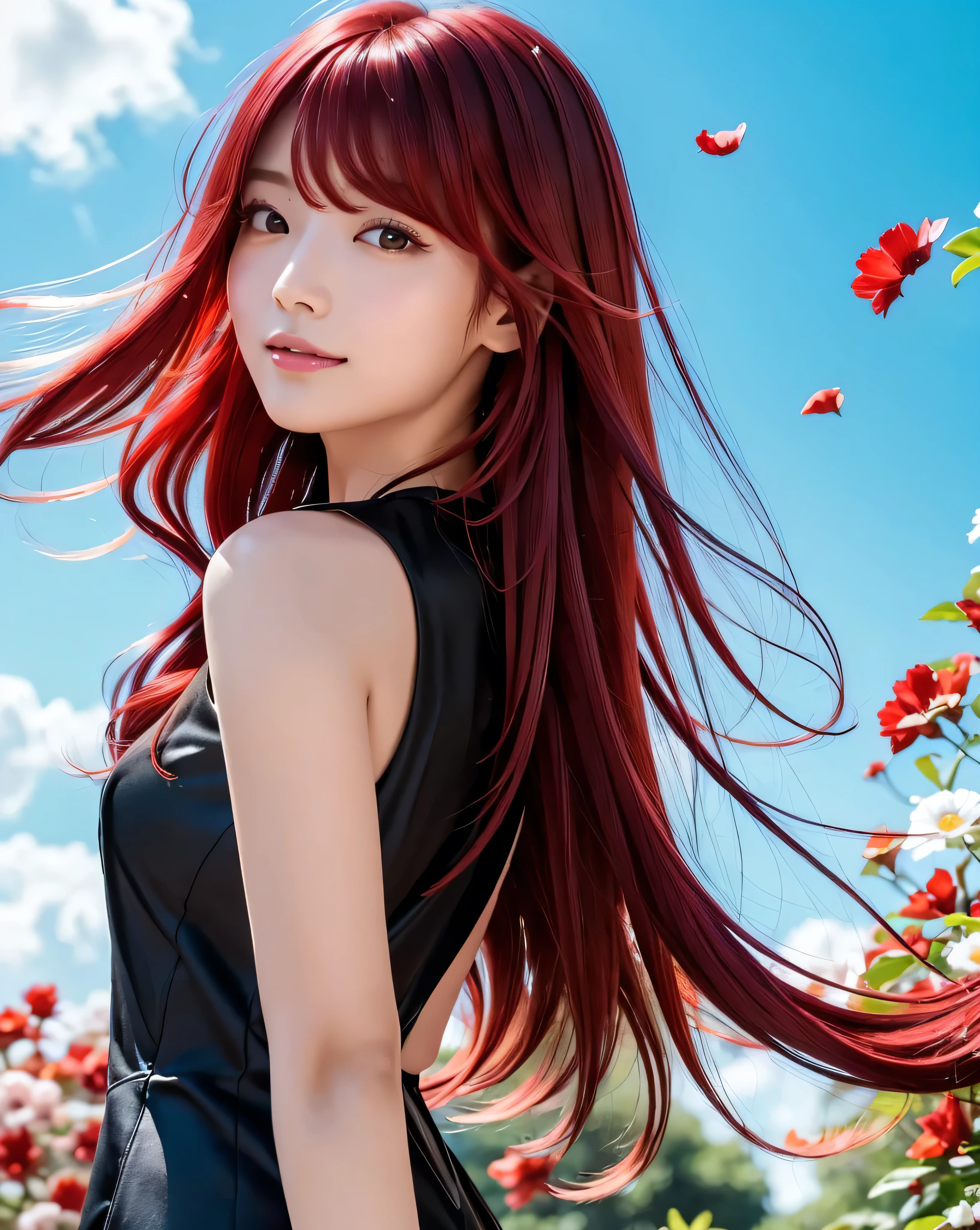 (Highest quality, 32k, High resolution, Masterpiece:1.5, ), marimo_jet, god々A photograph with brilliant dazzling and healing power., Evoking a sense of calm and elusive beauty, Expressing emotions, Have a rich imagination, Beautiful Japanese Girls, ((Looking back:1.3)), An exceptionally beautiful face, Small Face Beauty, Perfect Human Anatomy, Magical big eyes, Motherhood and generosity, Deep Love, fleeting smile, ((Shiny crimson hair:1.4)), Super long straight silk hair swaying in the wind, Asymmetrical bangs, Hair between the eyes, Transparent, soft white skin, Sharp eyebrows, Thin lashes, Natural Makeup, Cheek highlighter, Lips with fine detail, (Black dress:1.5), High resolution perfect collarbone, High resolution beautiful bust, Slim figure with ample breasts, High resolutionの美しい太もも, ((Beautifully detailed skies:1.2)), ((Vibrant petal effect:1.2)), Professional photographer, Professional Lighting, Professional models, God's Secret