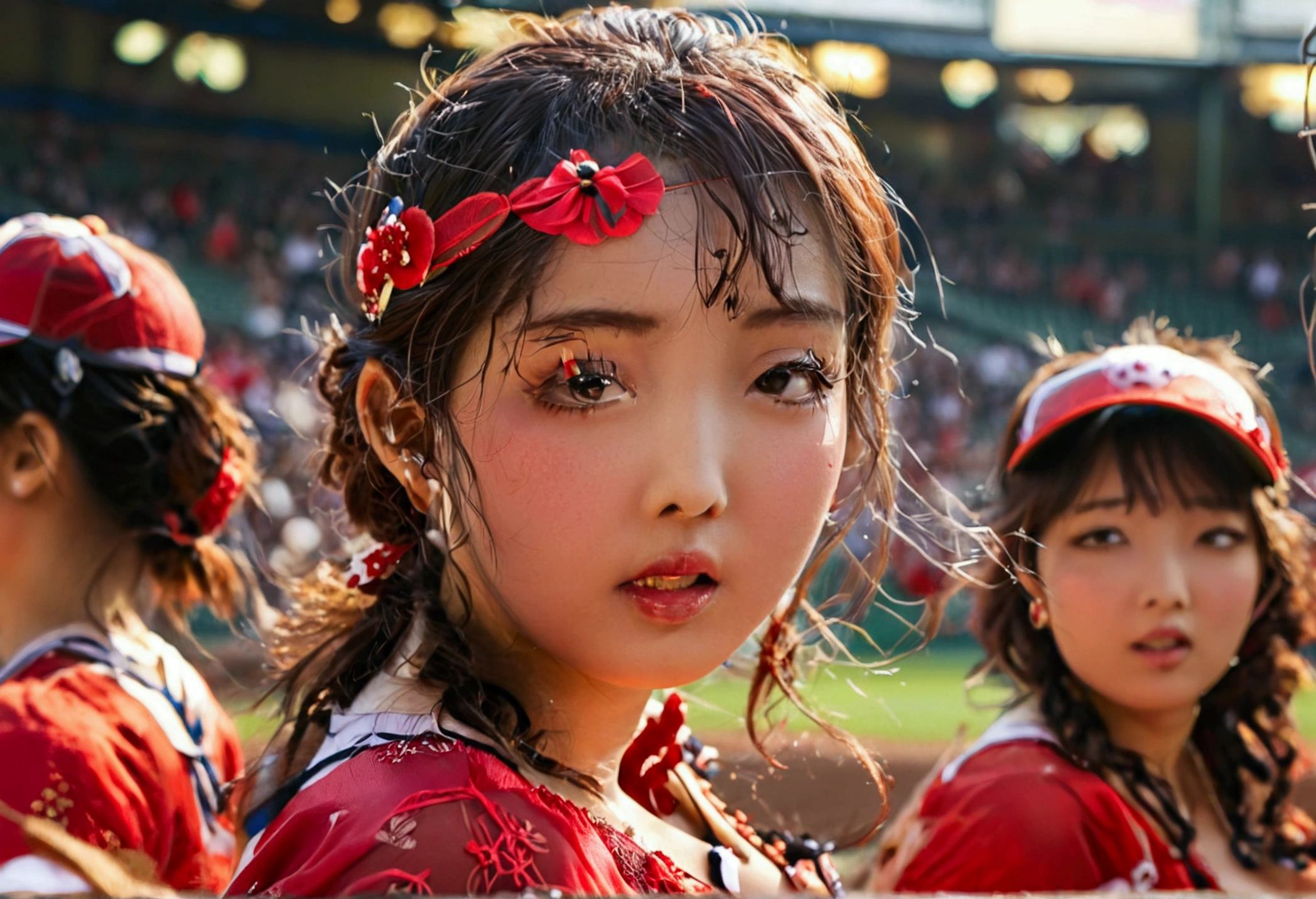 A bunch of rough and dirty japanes women are playing 'foxy'(meaning lingerie uniforms) baseball. packed stadium, focus on pitcher and batter