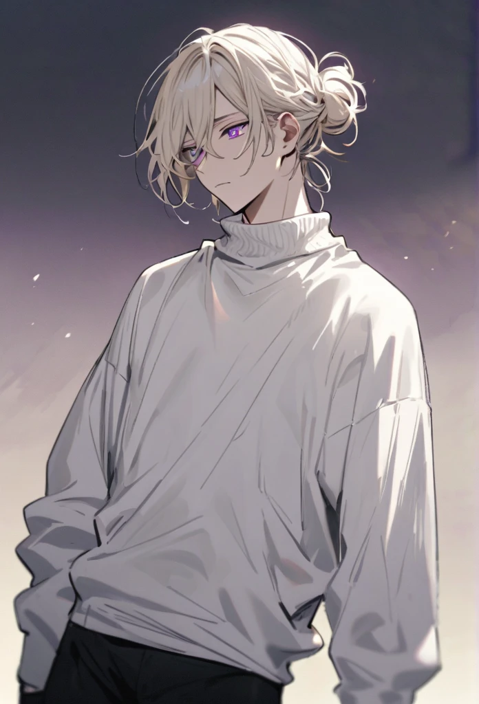 is a tall young man with a lean muscular build, with fair skin, thin, rectangular bright purple eyes, and white pupils. He also had long platinum blond hair just past his shoulders, worn and swept away from his face. wears his hair in a messy bun. he wears a loose white sweater along with black pants and black shoes.