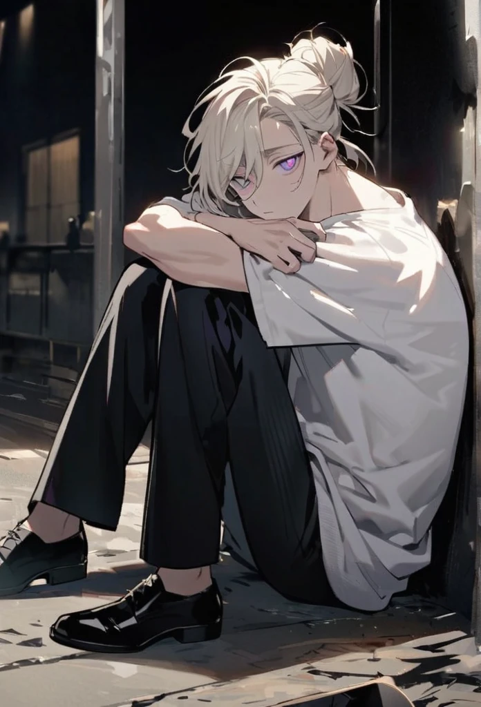 is a tall young man with a lean muscular build, with fair skin, thin, rectangular bright purple eyes, and white pupils. He also had long platinum blond hair just past his shoulders, worn and swept away from his face. wears his hair in a messy bun. he wears a loose white sweater along with black pants and black shoes.