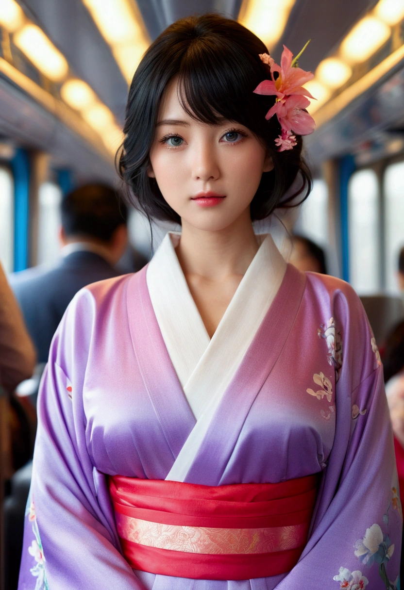 masterpiece, One girl, alone, good, Black Hair, View your viewers, blush, 笑face, Mouth closed, kimono,  , purple kimono , blue eyes, Huge Ass, , chest, indoor,  , Mature Woman, , ,, Browsing Caution,Official Art,非常に詳細な CG ユニティ 8K 壁紙, Perfect lighting,colorful, bright_front_face_Lighting, (masterpiece:1.0),(Highest_quality:1.0), 超High resolution,4K,Super detailed, photograph, 8K, High resolution, High resolution, Absurd:1.2, 400 for Kodak Port, Film Grain, Blurred Background, Bokeh:1.2, Lens flare, (Vibrant_color:1.2) , (beautiful_face:1.5),(narrow_Waist), Men holding penises and surrounding a girl、からかいの笑face、、From the penis、in the train、Bukkake for girls、Thick thighs crowded together、Plump Mature Woman、、From above
