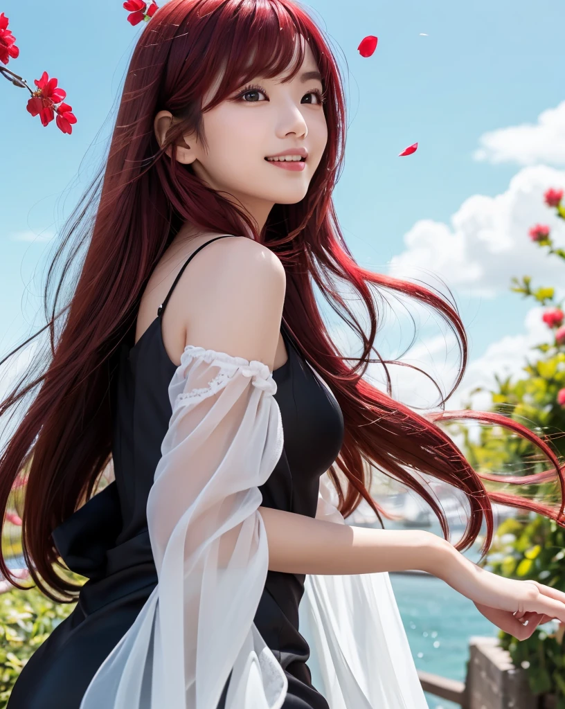 (Highest quality, 32k, High resolution, Masterpiece:1.5, ), marimo_jet, god々A photograph with brilliant dazzling and healing power., Evoking a sense of calm and elusive beauty, Expressing emotions, Have a rich imagination, Beautiful Japanese Girls, ((Looking back:1.3)), An exceptionally beautiful face, Small Face Beauty, Perfect Human Anatomy, Magical big eyes, Motherhood and generosity, Deep Love, fleeting smile, ((Shiny crimson hair:1.4)), Super long straight silk hair swaying in the wind, Asymmetrical bangs, Hair between the eyes, Transparent, soft white skin, Sharp eyebrows, Thin lashes, Natural Makeup, Cheek highlighter, Lips with fine detail, (Black dress:1.5), High resolutionの完璧な鎖骨, High resolutionの美しい胸元, Slim figure with ample breasts, High resolutionの美しい太もも, ((Beautifully detailed skies:1.2)), ((Vibrant petal effect:1.2)), Professional photographer, Professional Lighting, Professional models, god秘的