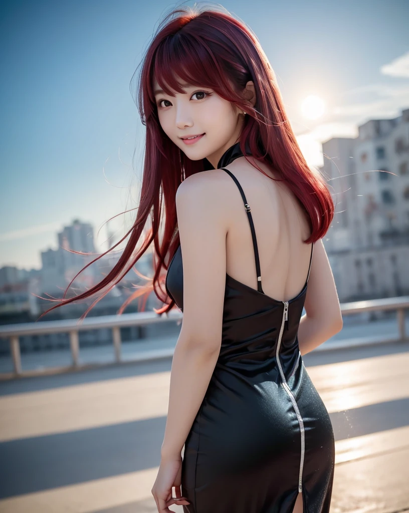 (Highest quality, 32k, High resolution, Masterpiece:1.5, ), marimo_jet, god々A photograph with brilliant dazzling and healing power., Evoking a sense of calm and elusive beauty, Expressing emotions, Have a rich imagination, Beautiful Japanese Girls, ((Looking back:1.3)), An exceptionally beautiful face, Small Face Beauty, Perfect Human Anatomy, Magical big eyes, Motherhood and generosity, Deep Love, fleeting smile, ((Shiny crimson hair:1.4)), Super long straight silk hair swaying in the wind, Asymmetrical bangs, Hair between the eyes, Transparent, soft white skin, Sharp eyebrows, Thin lashes, Natural Makeup, Cheek highlighter, Lips with fine detail, (Black dress:1.5), High resolutionの完璧な鎖骨, High resolutionの美しい胸元, Slim figure with ample breasts, High resolutionの美しい太もも, ((Beautifully detailed skies:1.2)), ((Vibrant petal effect:1.2)), Professional photographer, Professional Lighting, Professional models, god秘的