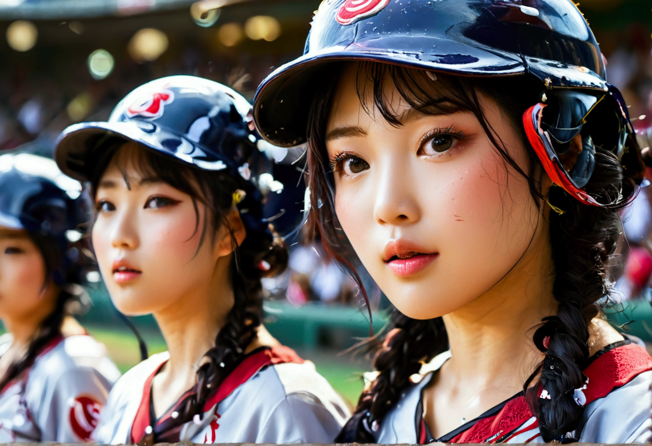 A bunch of rough and dirty japanes women are playing 'foxy'(meaning lingerie uniforms) baseball. packed stadium, focus on pitcher and batter