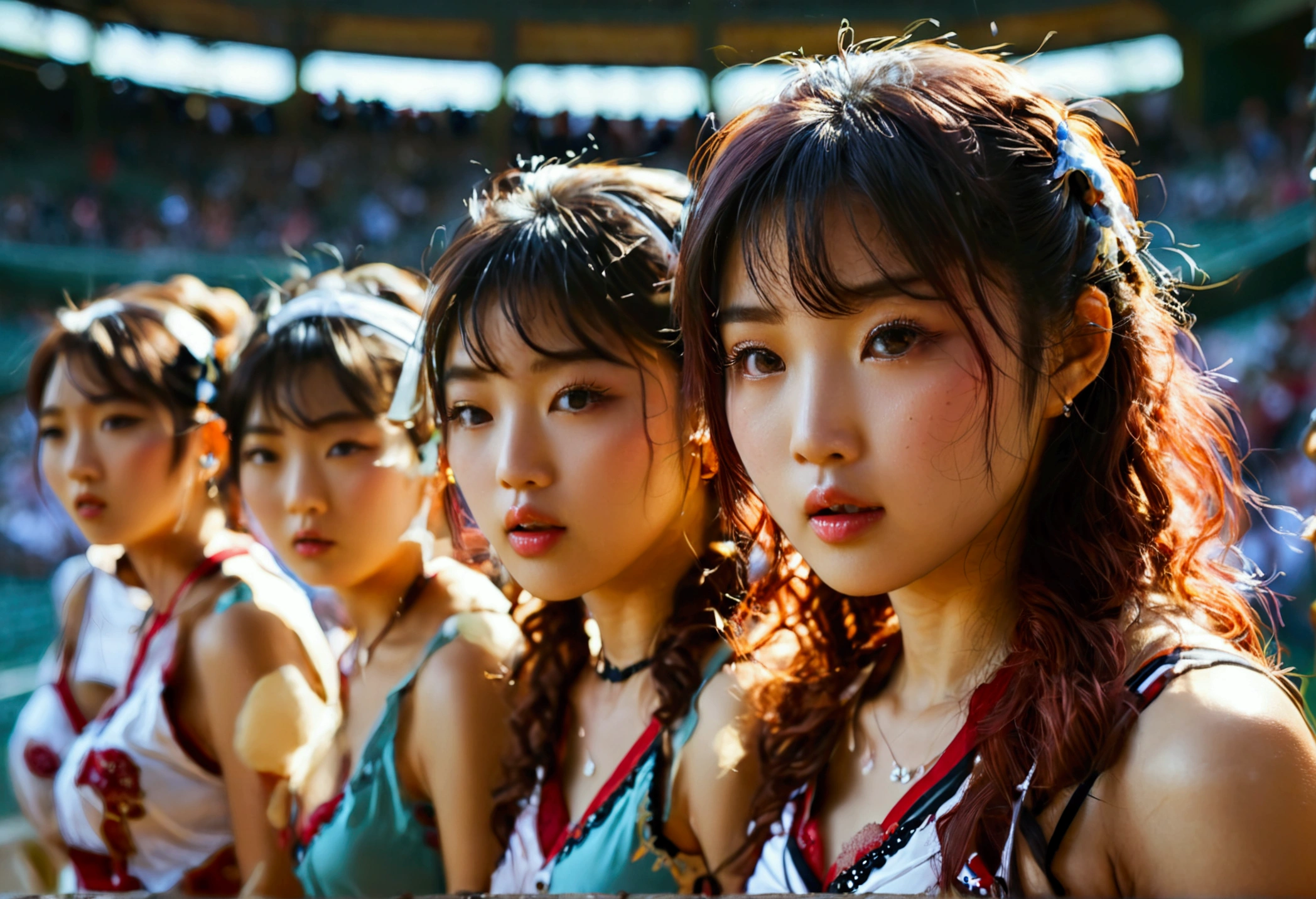 A bunch of rough and dirty japanes women are playing 'foxy'(meaning lingerie uniforms) baseball. packed stadium, focus on pitcher and batter