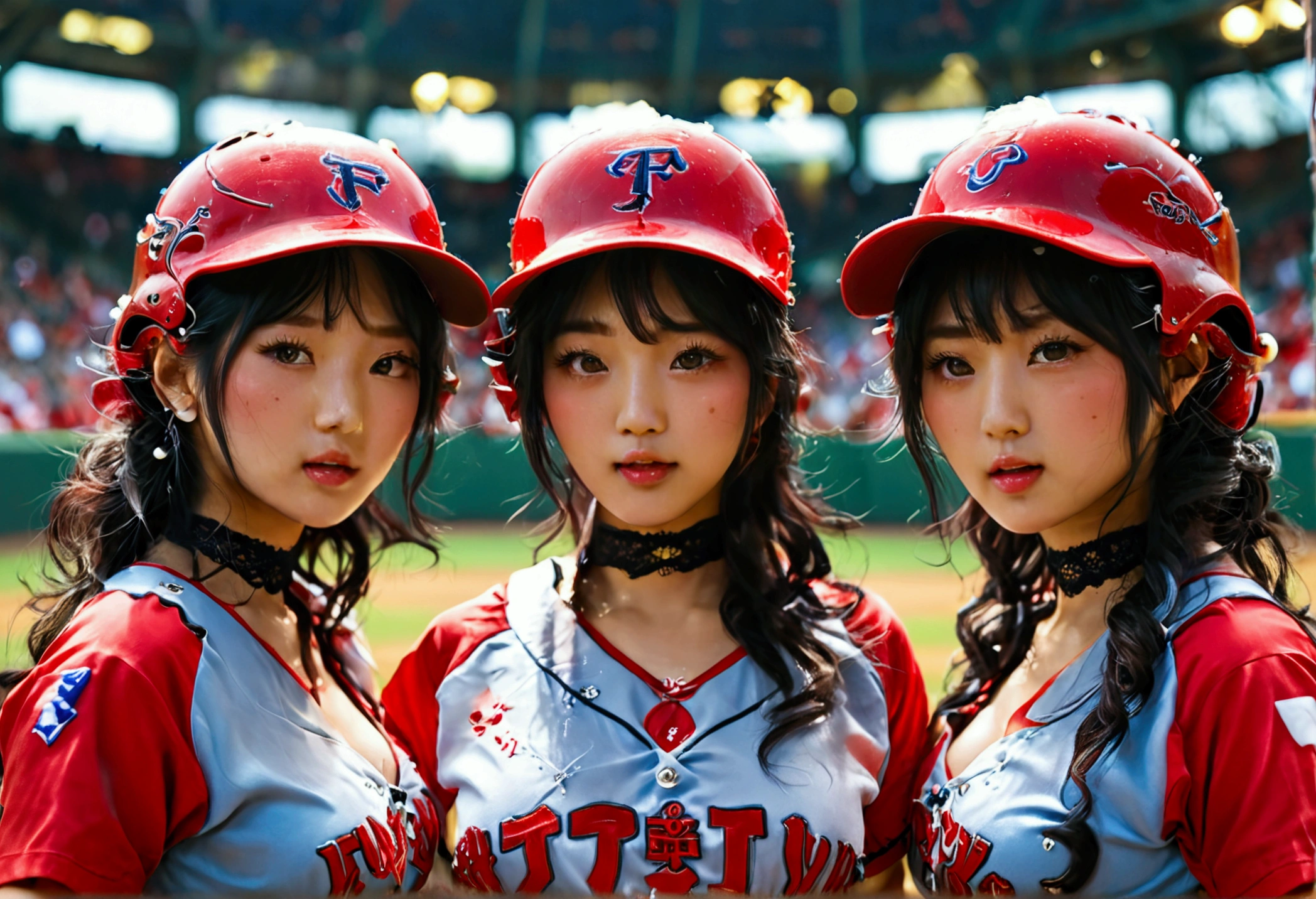 A bunch of rough and dirty japanes women are playing 'foxy'(meaning lingerie uniforms) baseball. packed stadium, focus on pitcher and batter