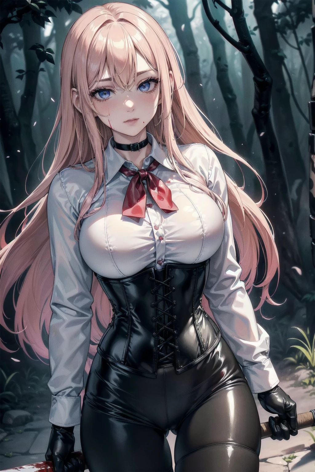 ((blood droplets)), ((blood)), ((blood splatter)), ((blood on clothes)) ((blood stain)), Masterpiece, Superior image quality, high resolution, 4k image,photo and gross, photorealistic, whole body, distant view, 1 young man of 15 years, {{{vagina}}}, big breasts, beautiful face, Long blonde hair, blue eyes, very detailed eyes, pink cheeks, shy expression, choker:1.6, (white collar button down long sleeve shirt), black gloves, gloves that cover hands, (holding an ax in the right hand), (black leather corset), (shiny black leggings), Sensual Lips, show details in the eyes, View from the front, looking at the viewer, dark forest path, evening, Atmosphere, fog