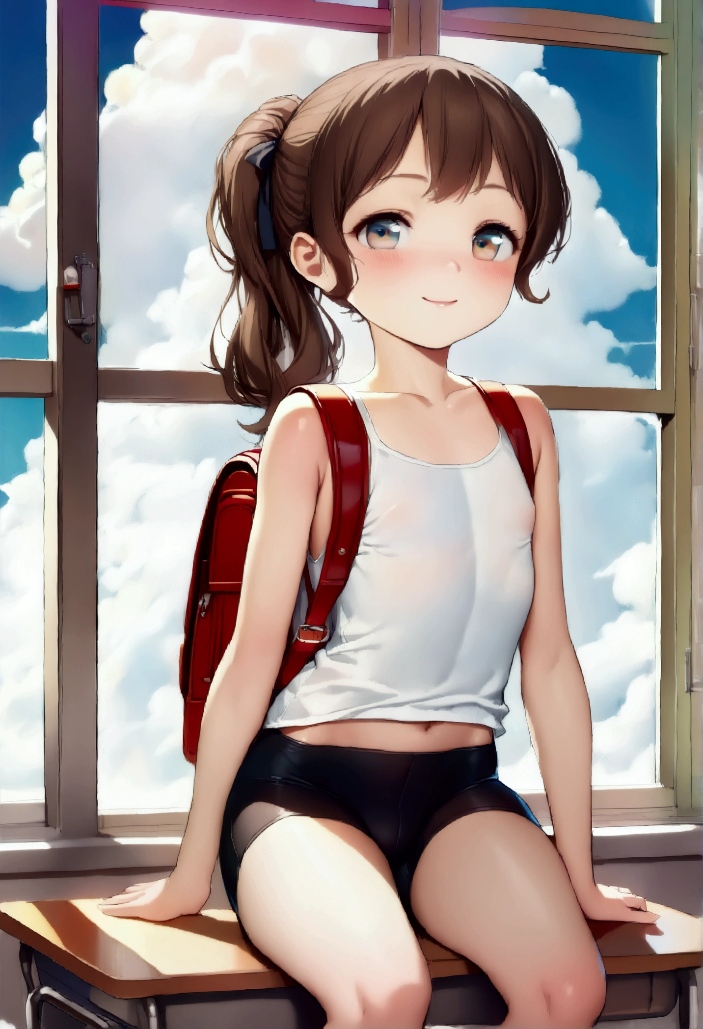((masterpiece)),((Highest quality)),((High resolution)),((Anatomical)),((Realistic)),((Detailed Description)),((Full body view)),((Perfect lighting)),((8K)),((cute)),((School classroom)),((Window)),((blue sky)),((cumulonimbus)),((Sit at a desk)),(((((One ))),(((Lori))),(((neutral))),((8-year-old)),((Beautiful eyes)),((Baby Face)),((low length)),((Petite)),((Flat Chest)),((Black Ponytail)),((Seductive smile)),((Red cheeks)),(((White tank top))),(((bikeshorts))),(((1 backpack))),
