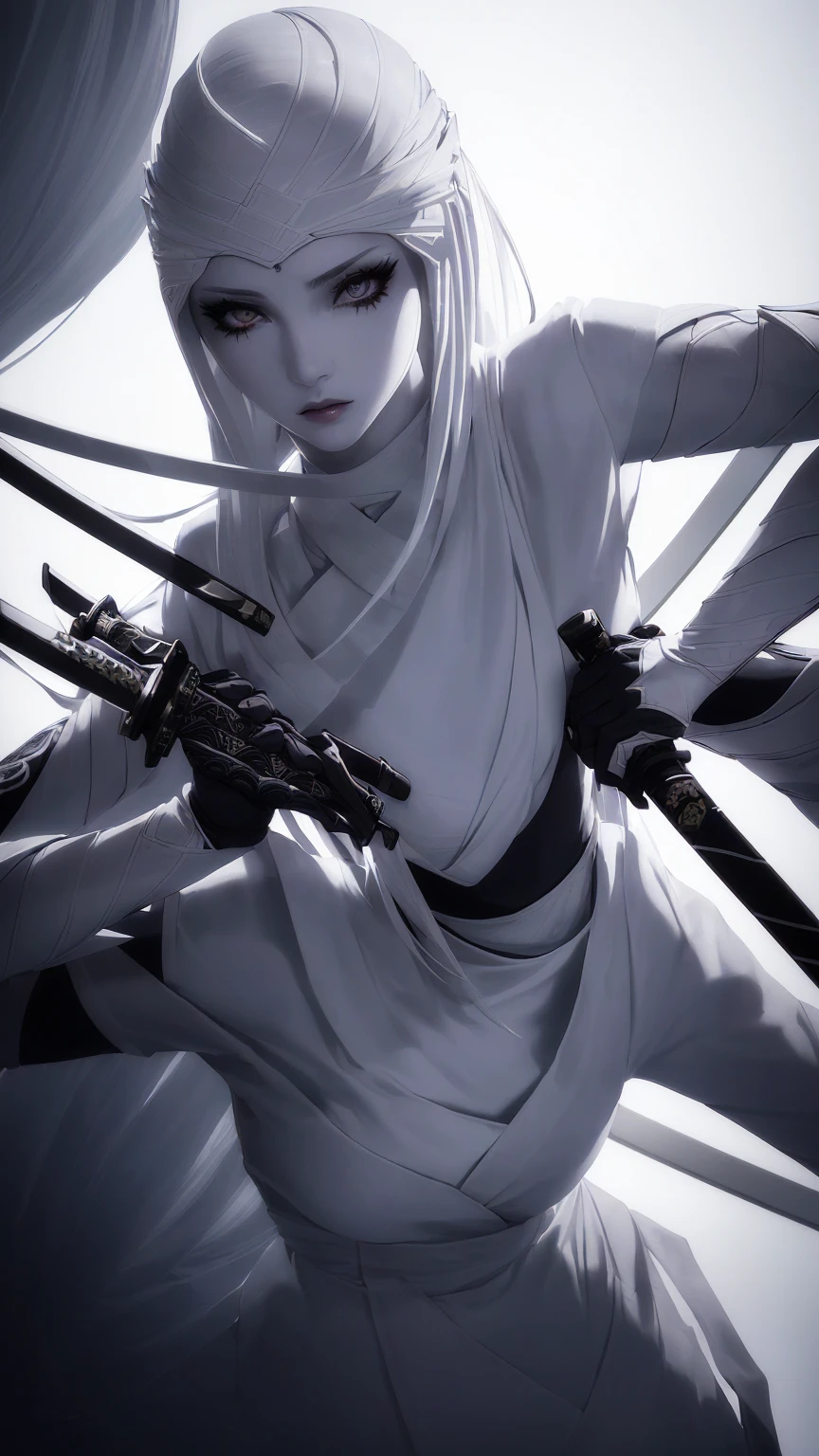 A blind female ninja, white outfit, completely white eyes, beautiful detailed eyes, beautiful detailed lips, extremely detailed face and features, long eyelashes, porcelain skin, graceful pose, katana sword, dark mysterious background, dramatic lighting, cinematic composition, chiaroscuro lighting, dark fantasy, moody atmosphere, high contrast, vibrant colors, Fullbodyshot.