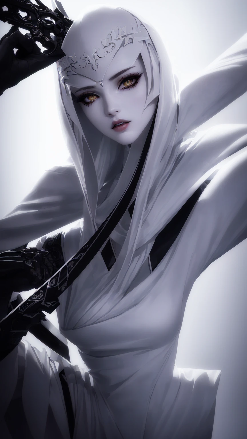 A blind female ninja, white outfit, completely white eyes, beautiful detailed eyes, beautiful detailed lips, extremely detailed face and features, long eyelashes, porcelain skin, graceful pose, katana sword, dark mysterious background, dramatic lighting, cinematic composition, chiaroscuro lighting, dark fantasy, moody atmosphere, high contrast, vibrant colors, Fullbodyshot.