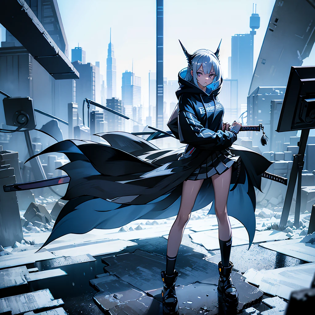 (masterpiece), (best quality), (ultra detailed), (high res 8K), 1 girl, late age, standing, contrappost, full body, low angle, hoody, mini-skirt,((katana)), short hair, silver hair, serious, looking away, cityscape in Tokyo, night, rim lighting, high contrast, professional lighting, stunning face, symmetrical clear eyes, detailed eyes and face,(near future)