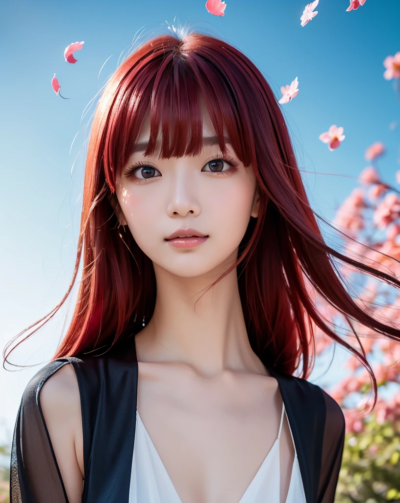(Highest quality, 32k, High resolution, Masterpiece:1.5, ), marimo_jet, god々A photograph with brilliant dazzling and healing power., Evoking a sense of calm and elusive beauty, Expressing emotions, Have a rich imagination, Beautiful Japanese Girls, An exceptionally beautiful face, Small Face Beauty, Perfect Human Anatomy, Magical big eyes, Motherhood and generosity, Deep Love, fleeting smile, ((Shiny crimson hair:1.4)), Super long straight silk hair swaying in the wind, Asymmetrical bangs, Hair between the eyes, Transparent, soft white skin, Sharp eyebrows, Thin lashes, Natural Makeup, Cheek highlighter, Lips with fine detail, (Black dress:1.5), High resolutionの完璧な鎖骨, High resolutionの美しい胸元, Slim figure with ample breasts, High resolutionの美しい太もも, ((Beautifully detailed skies:1.2)), ((Vibrant petal effect:1.2)), Professional photographer, Professional Lighting, Professional models, god秘的