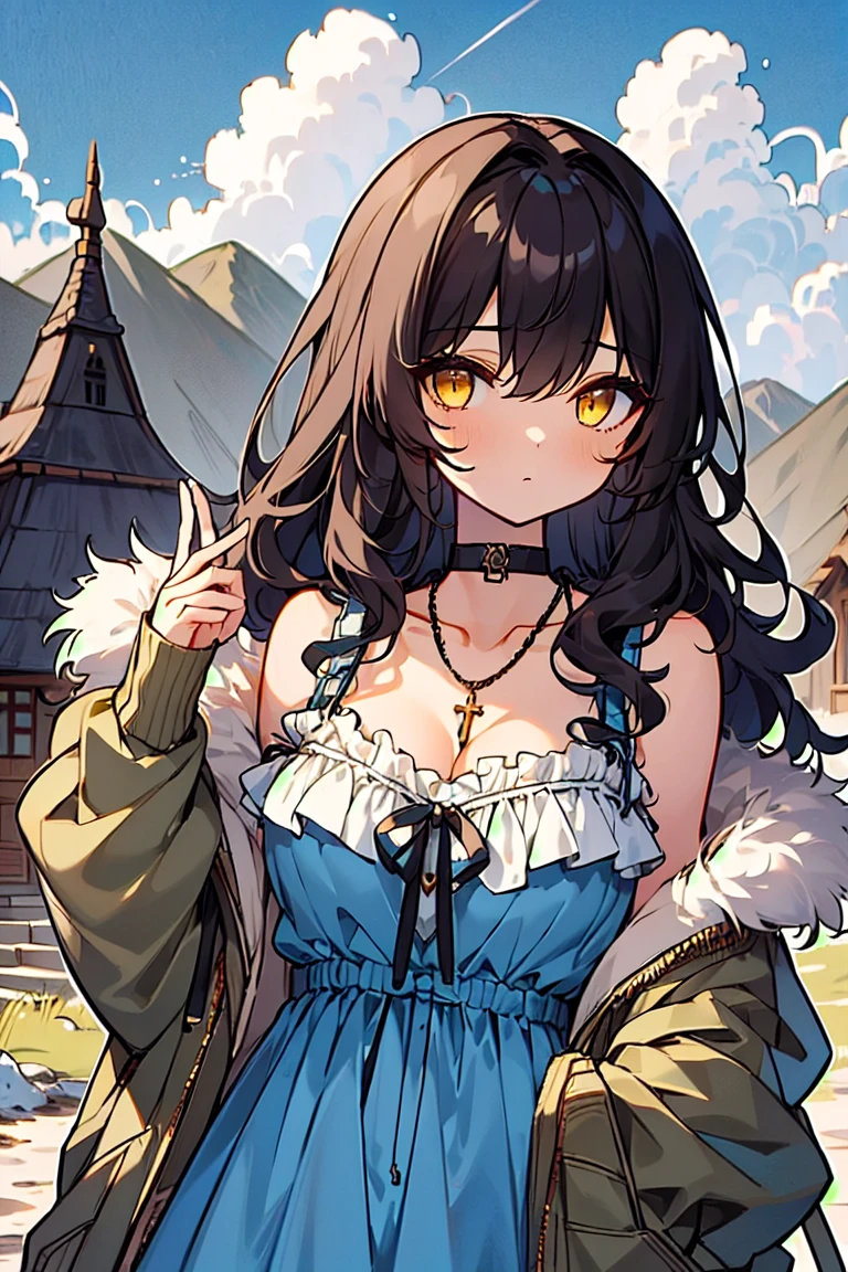 (masterpiece:1.2), (high quality:1.2), girls with((black hair, yellow eyes, (wavy long hair, one side up:1.3), bare shoulders, , choker, cleavag collar, collarbone, cowboy shot, dress, blue clothes, camisole, (rosary, rosary choker, cross:0.7), necklace, fur, fur collar, fur trim, hood down, hooded jacket, hoodie, jacket, large breasts, long hng sleeves, black belt, suspenders, medium breasts, medium hair, e, open clothes, open hoodie, sleeveless, solo, winter clothes, zipper, cleavage, upper body, hand up, palm)), background with((architecture, blue sky, bush, castle, village, no humans, cloud, cloudy sky, day, field, garden, grass, hill, house, lamppost, landscape, mountain, mountainous horizon, nature, no humans, outdoors, scenery, shrine, sky))