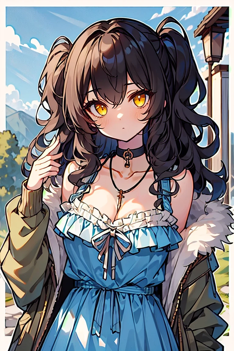 (masterpiece:1.2), (high quality:1.2), girls with((black hair, yellow eyes, (wavy long hair, one side up:1.3), bare shoulders, breasts, choker, cleavage, coat, collar, collarbone, cowboy shot, dress, blue clothes, camisole, (rosary, rosary choker, cross:0.7), necklace, fur, fur collar, fur trim, hood down, hooded jacket, hoodie, jacket, large breasts, long hair, long sleeves, black belt, suspenders, medium breasts, medium hair, necklace, open clothes, open hoodie, sleeveless, solo, winter clothes, zipper, cleavage, upper body, hand up, waving, palm)), background with((architecture, blue sky, bush, castle, village, no humans, cloud, cloudy sky, day, field, garden, grass, hill, house, lamppost, landscape, mountain, mountainous horizon, nature, no humans, outdoors, scenery, shrine, sky))