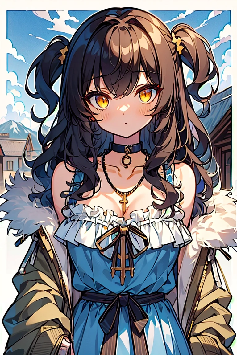 (masterpiece:1.2), (high quality:1.2), girls with((black hair, yellow eyes, (wavy long hair, one side up:1.3), bare shoulders, breasts, choker, cleavage, coat, collar, collarbone, cowboy shot, dress, blue clothes, camisole, (rosary, rosary choker, cross:0.7), necklace, fur, fur collar, fur trim, hood down, hooded jacket, hoodie, jacket, large breasts, long hair, long sleeves, black belt, suspenders, medium breasts, medium hair, necklace, open clothes, open hoodie, sleeveless, solo, winter clothes, zipper, cleavage, upper body, hand up, waving, palm)), background with((architecture, blue sky, bush, castle, village, no humans, cloud, cloudy sky, day, field, garden, grass, hill, house, lamppost, landscape, mountain, mountainous horizon, nature, no humans, outdoors, scenery, shrine, sky))