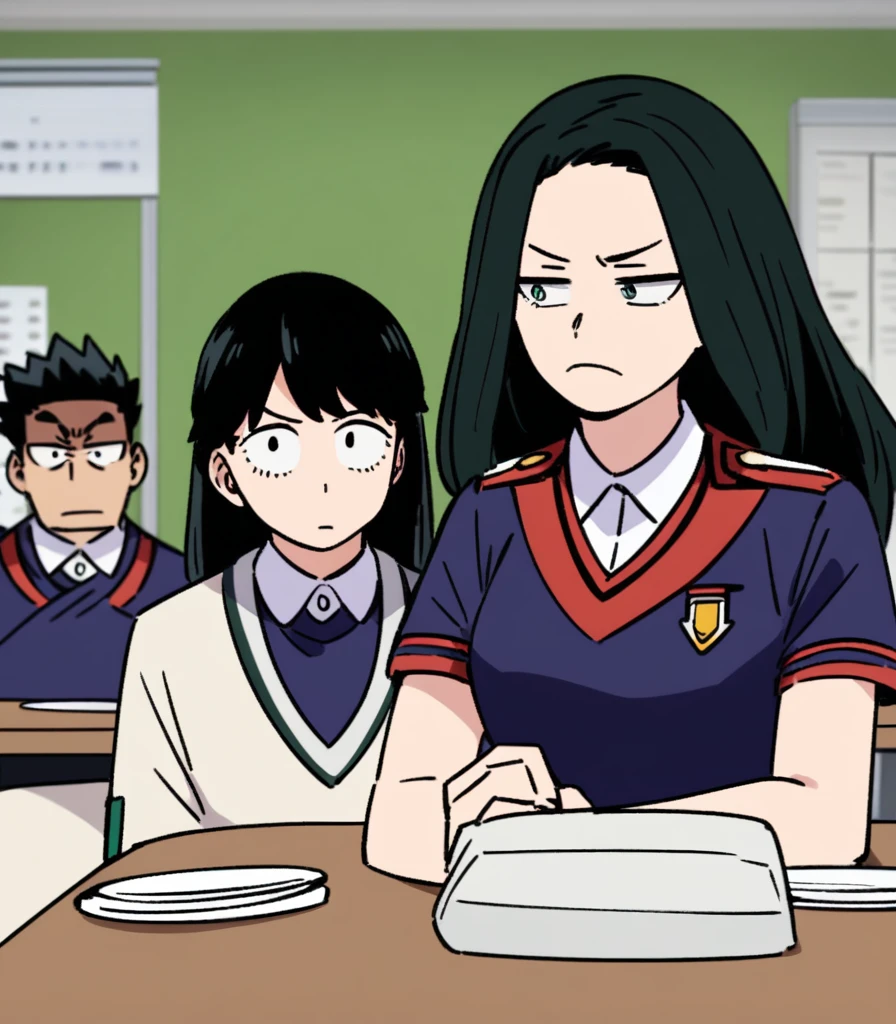 Screenshot of my hero academia.
Black hair girl with long green, He has gray eyes and has a serious expression. She is wearing the UA uniform and in the background she has a UA school class and she is sitting at a table 