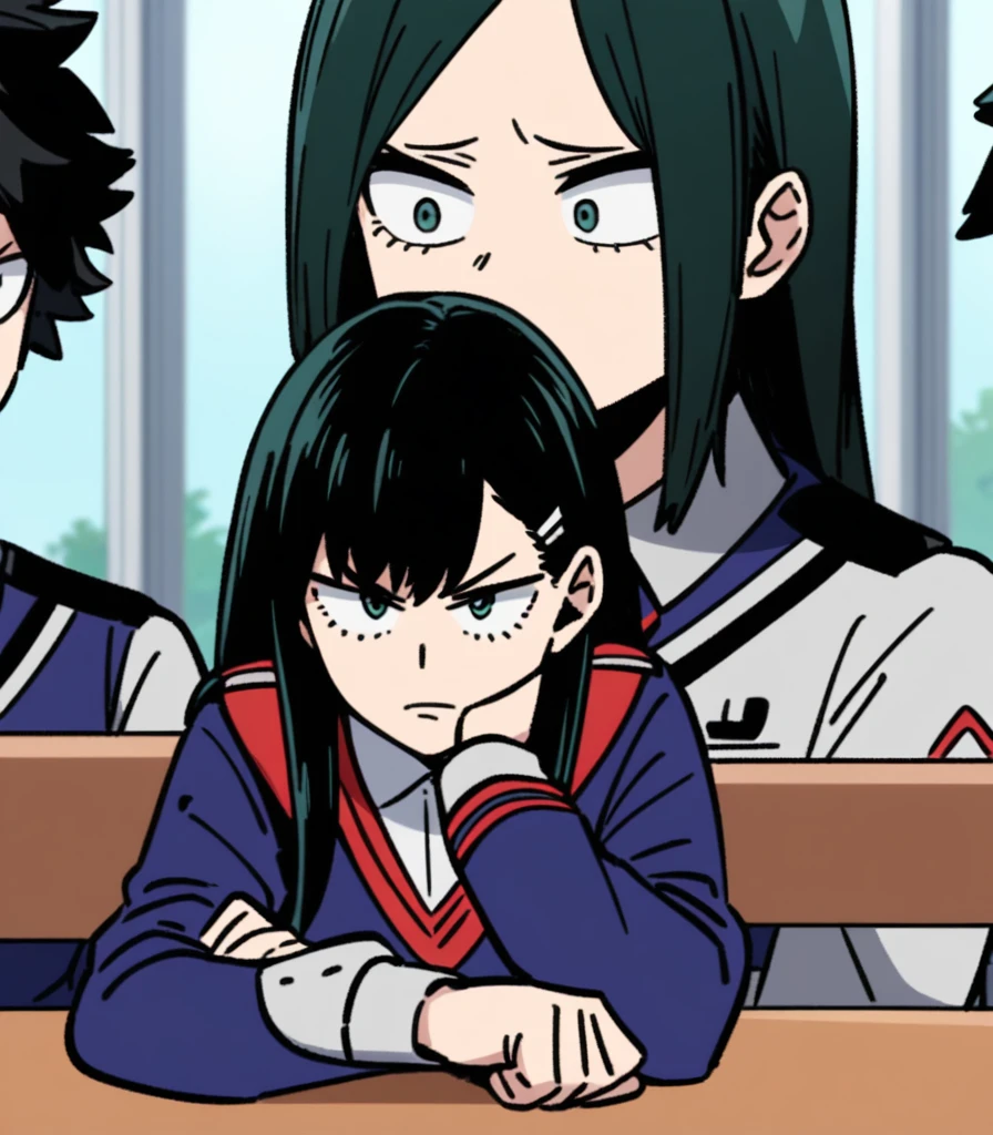 Screenshot of my hero academia.
Black hair girl with long green, He has gray eyes and has a serious expression. She is wearing the UA uniform and in the background she has a UA school class and she is sitting at a table