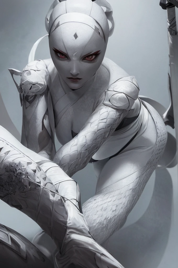 A blind female ninja, white outfit, completely white eyes, beautiful detailed eyes, beautiful detailed lips, extremely detailed face and features, long eyelashes, porcelain skin, graceful pose, katana sword, dark mysterious background, dramatic lighting, cinematic composition, chiaroscuro lighting, dark fantasy, moody atmosphere, high contrast, vibrant colors, fullbodyshot.