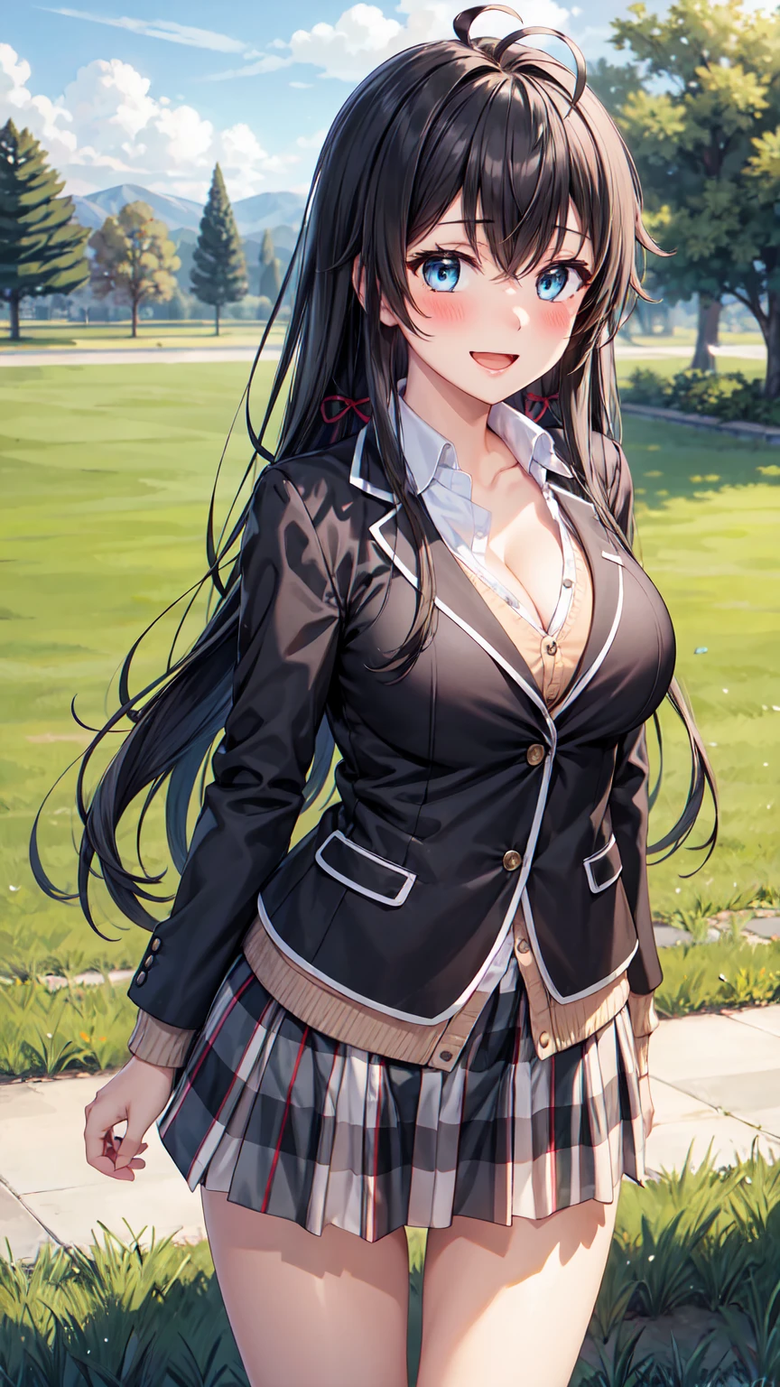 Masterpiece ,best quality , high resolution , (1 girl solo:1.38) , (yukino yukinoshita, black hair, blue eyes, long hair, ahoge) , (cleavage:1.1) , (big breast:1.06) , (blazer, cardigan, jacket, plaid skirt, school uniform, skirt, high school uniform ) , (face view , look at view ) , ( outdoor , grass , tree , in campus ) , (standing , thighs ) , (cowboy_shot) , (smile , open mouth full face blush , shy )