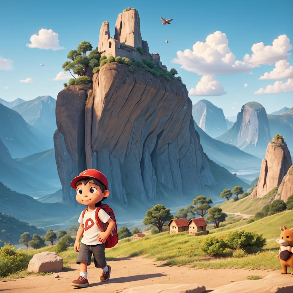 a small is running excitedly, wearing a white t-shirt, carrying a backpack, wearing a red hat, behind him you can see a view of beautiful mountains decorated with a clear sky, birds can be seen flying, and above him you can see the title of the film written in the name "Si Bolong", adorable digital painting, 3d rendered, bright lighting, vibrant colors