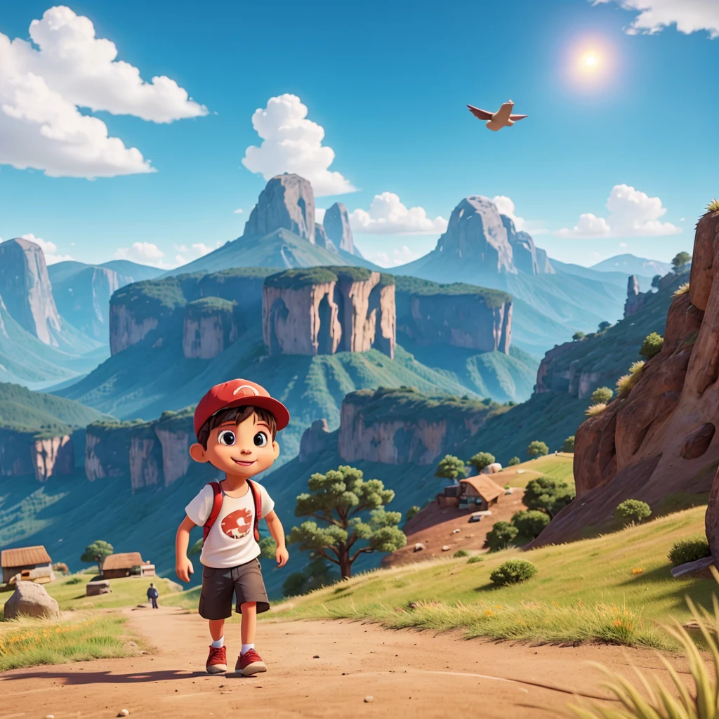 a small is running excitedly, wearing a white t-shirt, carrying a backpack, wearing a red hat, behind him you can see a view of beautiful mountains decorated with a clear sky, birds can be seen flying, and above him you can see the title of the film written in the name "Si Bolong", adorable digital painting, 3d rendered, bright lighting, vibrant colors