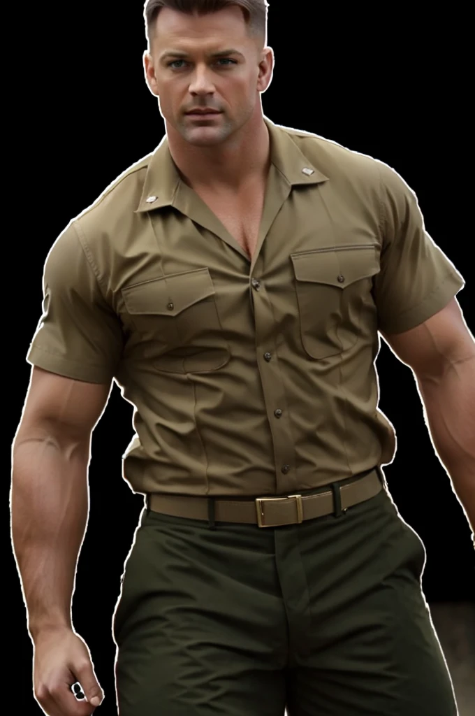 illustration in Leyendecker style; Wide Angle,8K True-to-Life Picture Quality, Handsome, man, blue eyes,Wearing tight camouflage clothing, Soldier, , barracks, Big bulge, muscular, Pectoralis major,Swelling of chest muscles,Excellent J8, broad-minded,Perfect facial details,Sexy and charming expression