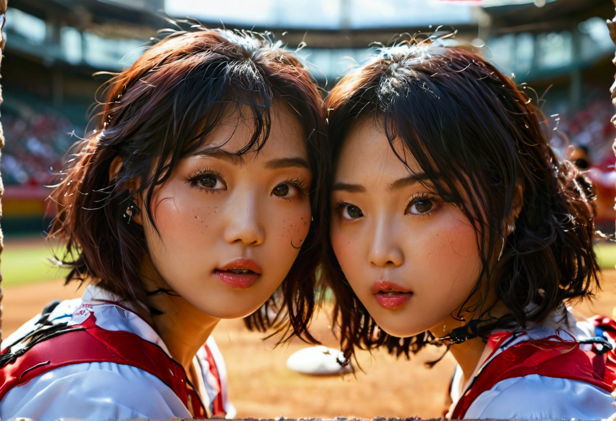 A bunch of very attractive and dirty Japanese women are playing 'foxy'(meaning lingerie uniforms) baseball. packed stadium, focus on pitcher and batter