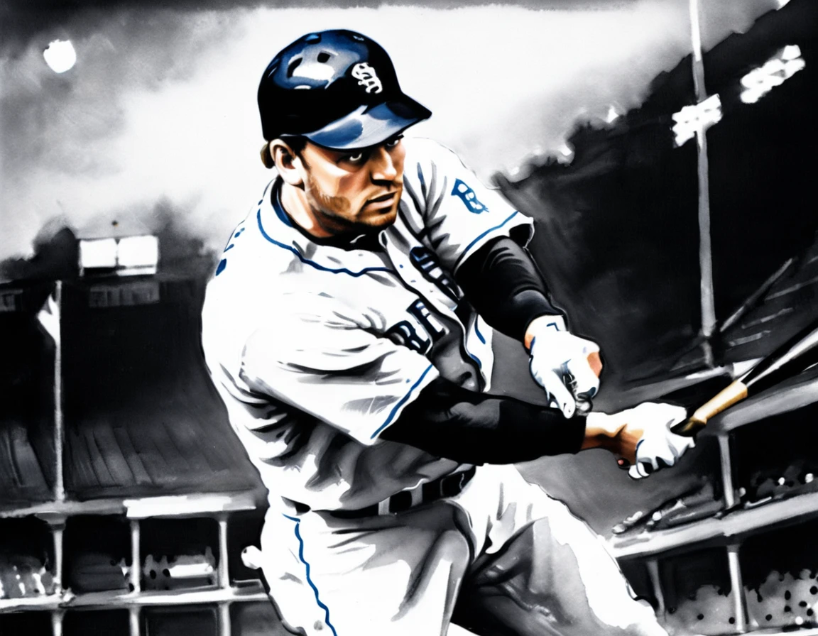 Charcoal work of art, ((using only black, white and blue1.5)) masterpiece, a baseball player hitting a home run in baseball game, highest quality, Best aesthetics), best details, best quality, highres, ultra wide angle, 16k, [ultra detailed], masterpiece, best quality, (extremely detailed), charcoal