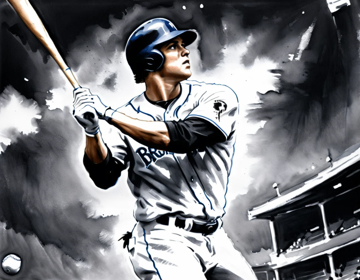 Charcoal work of art, ((using only black, white and blue1.5)) masterpiece, a baseball player hitting a home run in baseball game, highest quality, Best aesthetics), best details, best quality, highres, ultra wide angle, 16k, [ultra detailed], masterpiece, best quality, (extremely detailed), charcoal