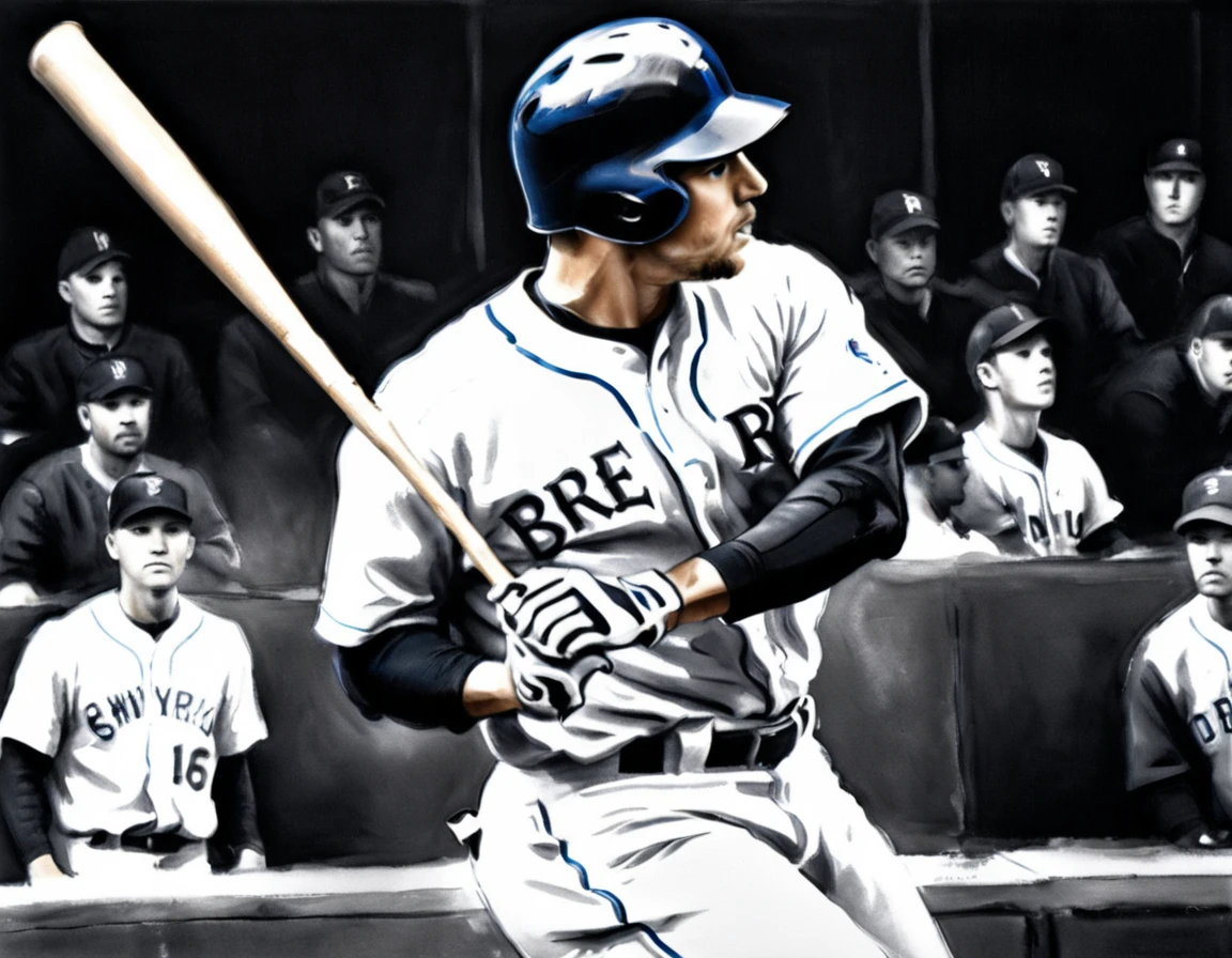 Charcoal work of art, ((using only black, white and blue1.5)) masterpiece, a baseball player hitting a home run in baseball game, highest quality, Best aesthetics), best details, best quality, highres, ultra wide angle, 16k, [ultra detailed], masterpiece, best quality, (extremely detailed), charcoal