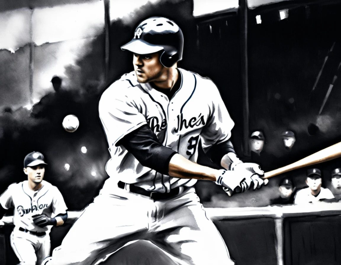 Charcoal work of art, ((using only black, white and blue1.5)) masterpiece, a baseball player hitting a home run in baseball game, highest quality, Best aesthetics), best details, best quality, highres, ultra wide angle, 16k, [ultra detailed], masterpiece, best quality, (extremely detailed), charcoal