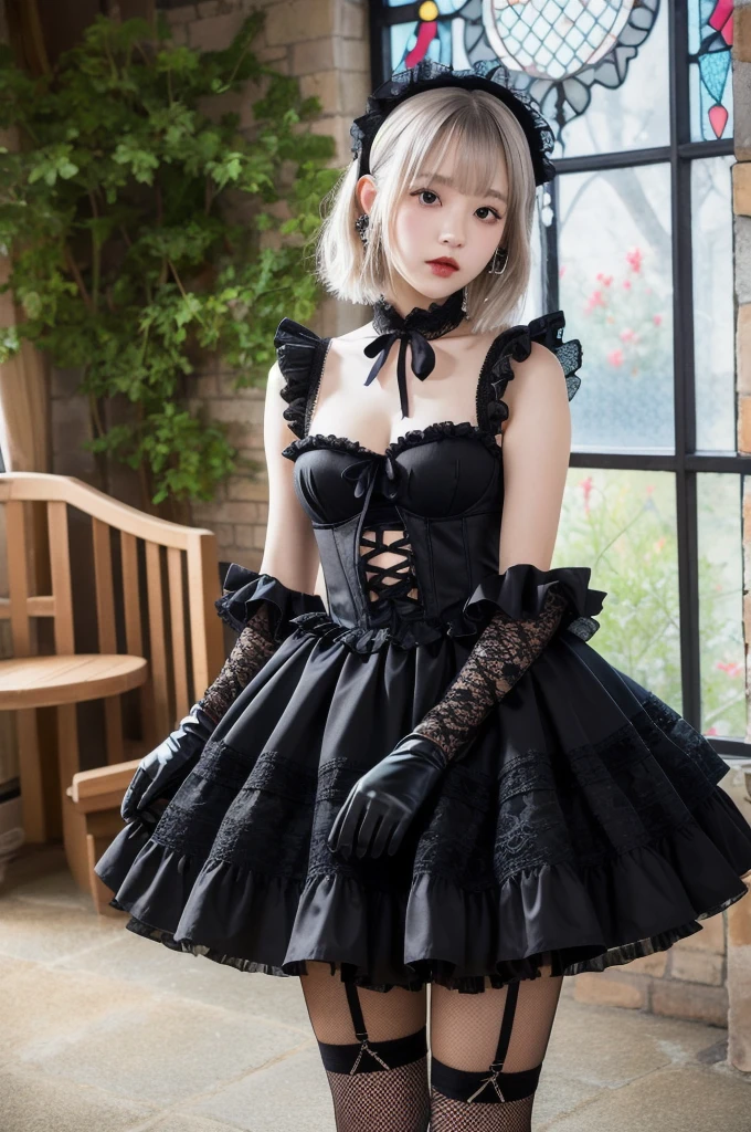 (8K, Photorealistic, Raw photo, Highest quality: 1.4),Japanese idol-style beautiful girl,model,1 person,18-year-old,(Short Bob),(Silver Hair :1.1),She has her hair tucked behind her ears,Headband,Clear grey eyes,Long eyelashes,(piercings(small)),(Pale, lifeless skin(Foundation)),(Lip gloss(Black :1.1)),thin long neck,Large Breasts,(Lace gloves),(gothic ta dress(Frills,Puffy long skirt)),(layer),(Fishnet tights),lace up dress boots,Background of a room with heavy Gothic-style stone stained glass,Full body portrait