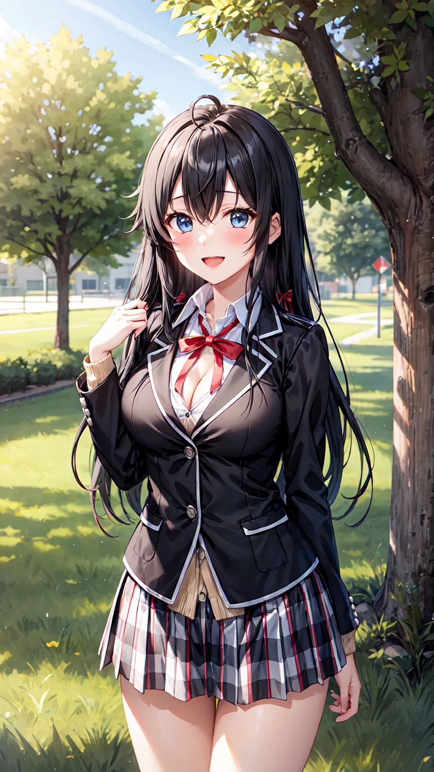 Masterpiece ,best quality , high resolution , (1 girl solo:1.38) , (yukino yukinoshita, black hair, blue eyes, long hair, ahoge) , (cleavage:1.1) , (big breast:1.06) , (blazer, cardigan, jacket, plaid skirt, school uniform, skirt, high school uniform ) , (face view , look at view ) , ( outdoor , grass , tree , in campus ) , (standing , thighs ) , (cowboy_shot) , (smile , open mouth full face blush , shy )